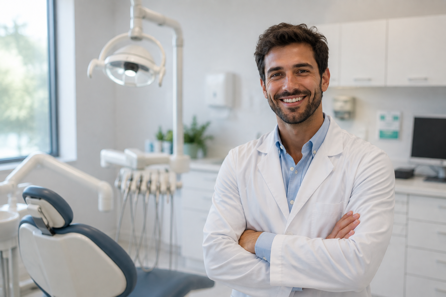 Smiling dentist, arms crossed, in a dental office